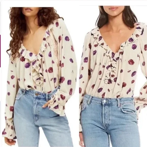 Free People Floral Poppy Printed Bodysuit Ruffle lace Cream Size S Pink - Picture 2 of 14